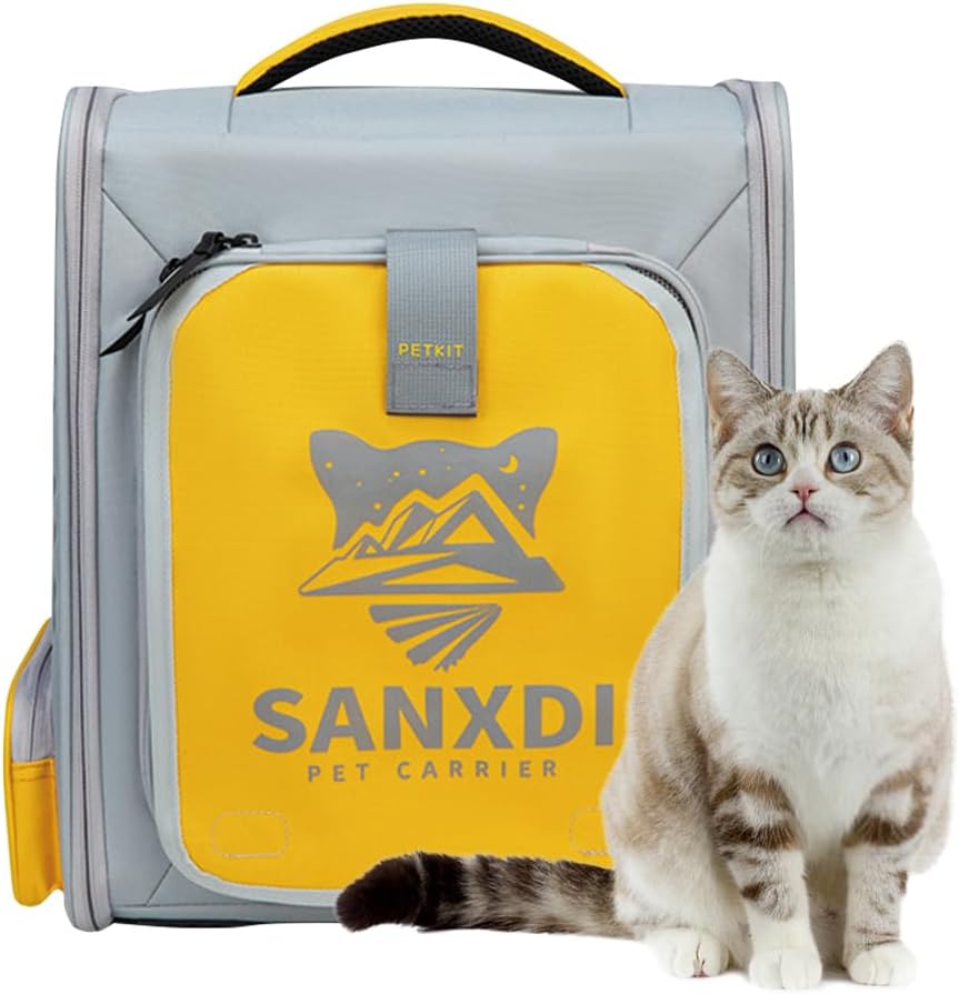 Expandable Pet Backpack, Cat Backpack with Breathable Mesh, Collapsible Soft Cat Travel Bag for Outdoor Hiking, Large Space Dog Backpack(Yellow)