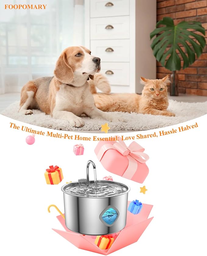 Cat Water Fountain Stainless Steel [3.2L/108oz] Large Capacity Automatic Water Dispenser for Cats Indoor with 3 Filters Kit, LED Water Level Window, Easy to Clean, Ideal for Cats Dogs Multi-Pet Home
