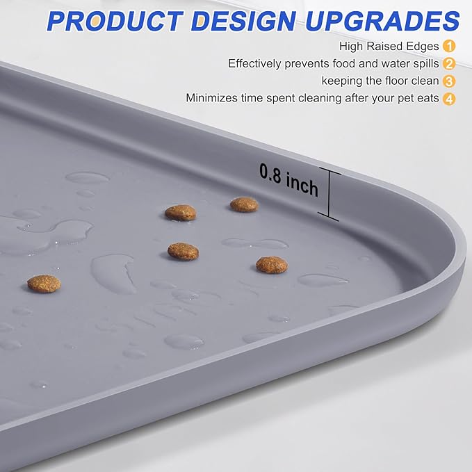 Silicone Pet Feeding Mat with Raised Edge for Food and Water, Dog Bowl Mats, Cat Bowls Placemat with High Lip for Floor Waterproof, Rubber Tray for Cats and Dogs 22 x 14 x0.8 Light Gray