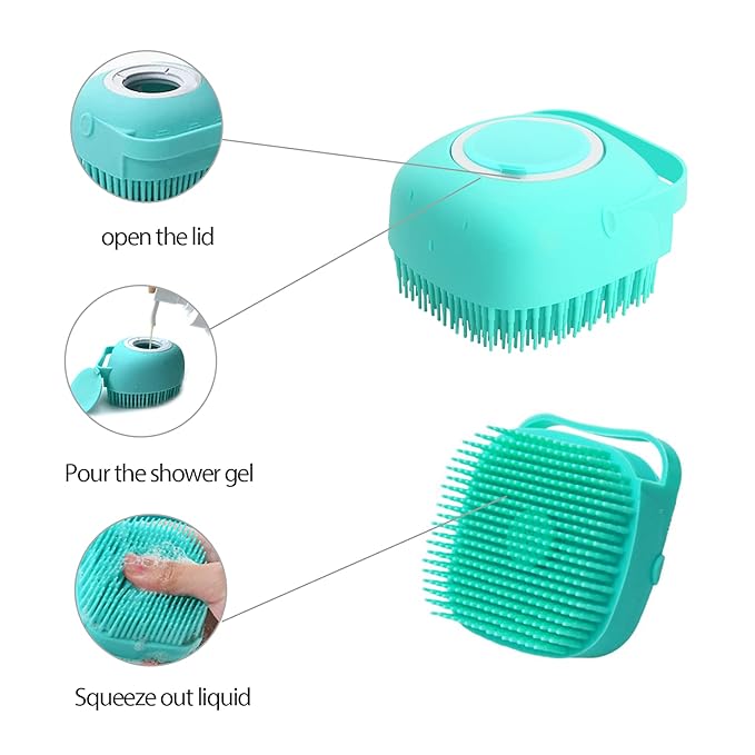 ELEGX Pet Grooming Bath Massage Brush with Soap and Shampoo Dispenser Soft Silicone Bristle for Long Short Haired Dogs Cats Shower (Blue)