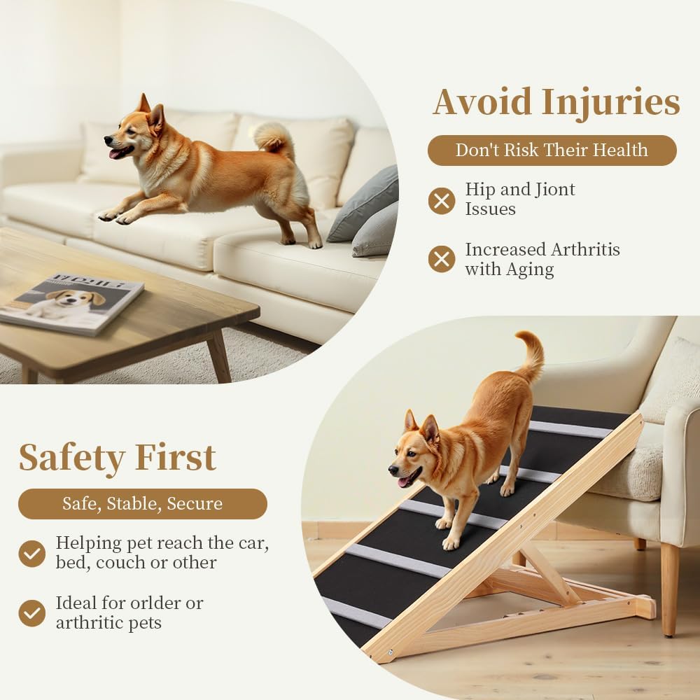 PawGiant Portable Dog Ramp for Bed, 39.4" L x 16.9" W Extra Wide Wooden Pet Ramp for Large Small Dogs, 5 Adjustable Heights from 14.5" to 26.3", Foldable Dog Ramp for Car Couch, Hold Up to 200LBS