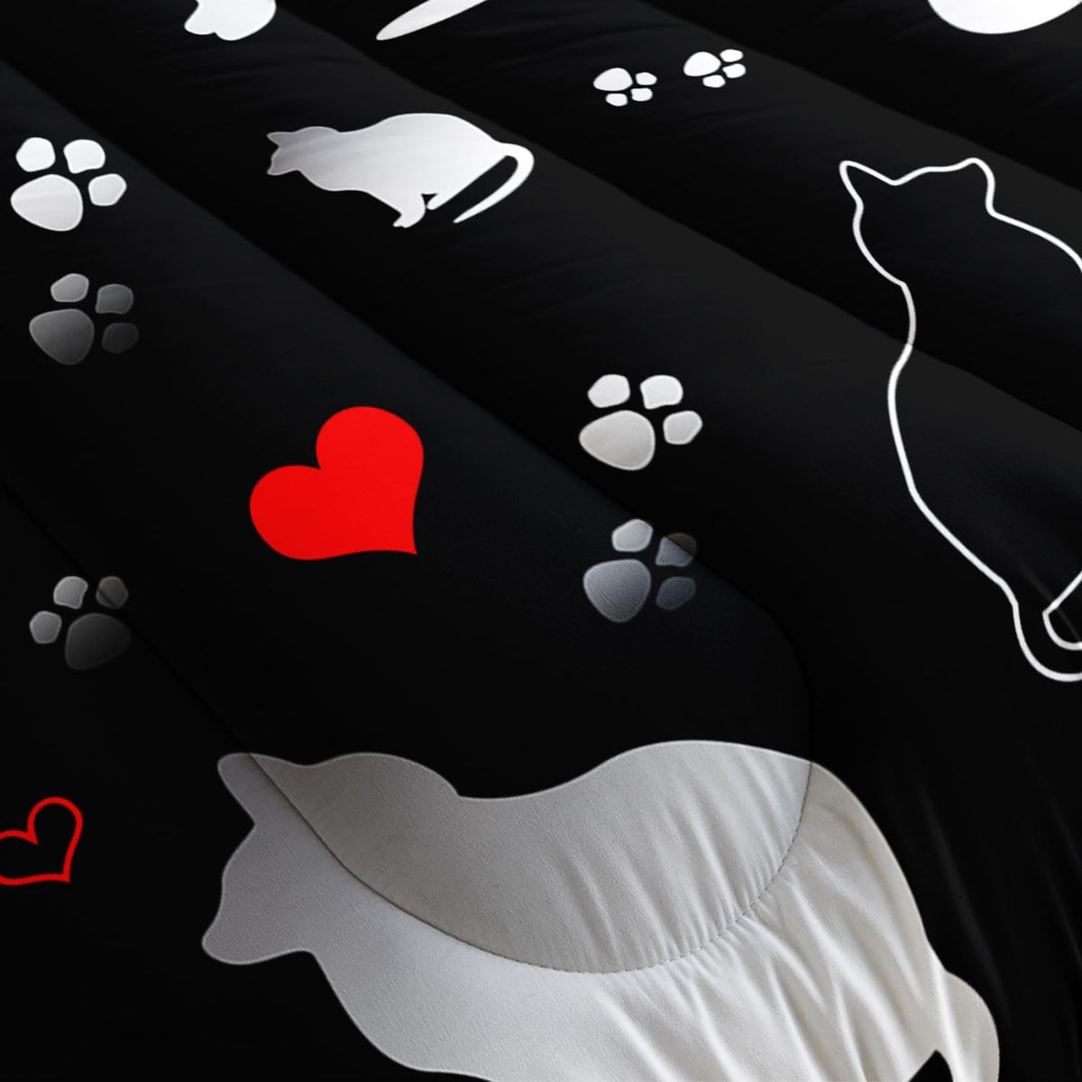 Kawaii Cat Animal Themed Comforter Set 3Pcs Twin Black White Pet Cat Bedding Set for Kid Teen Girl Boy Adult Room Decor Cartoon Cat Paw Heart Pattern Quilt with 1 Comforter and 2 Pillowcases