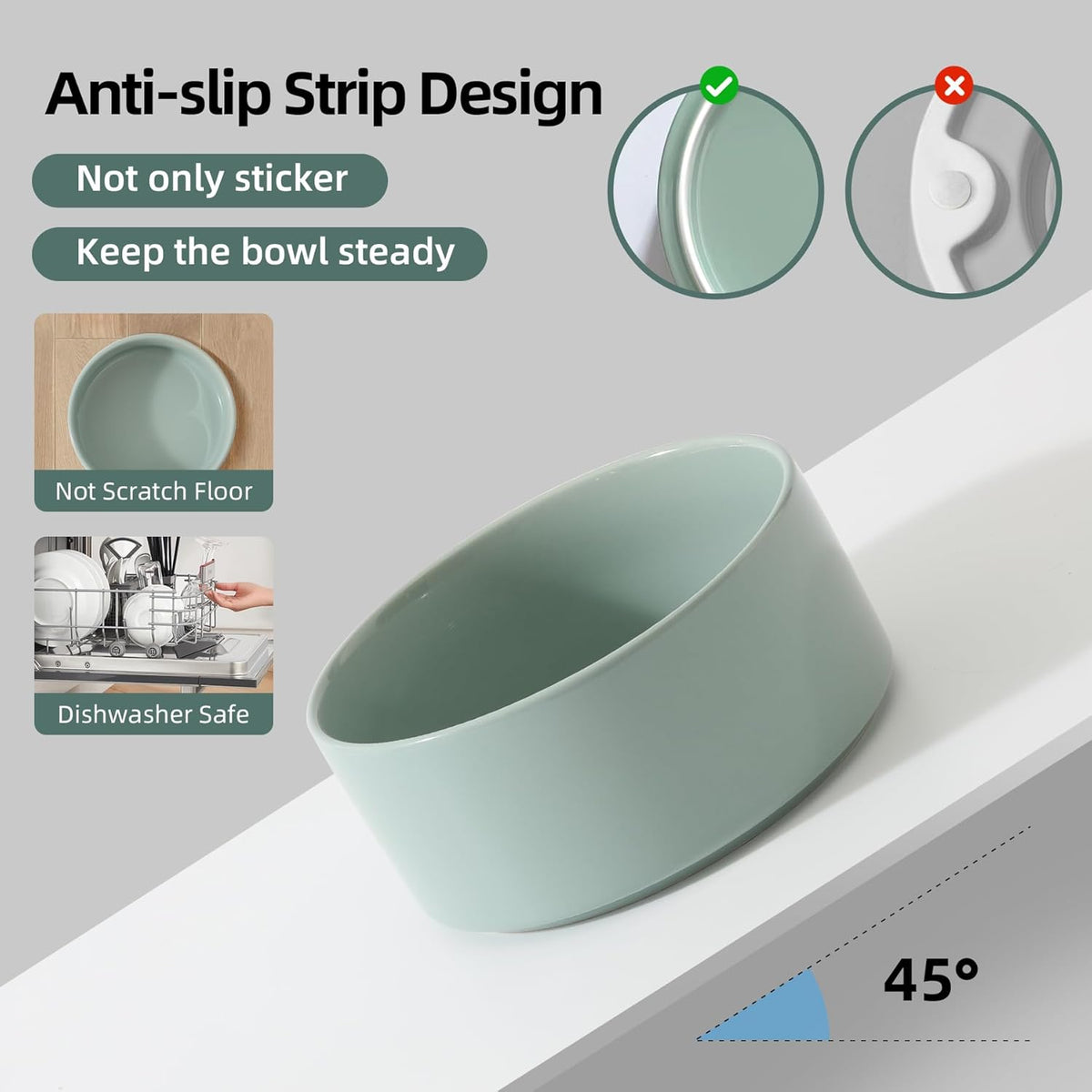 Ceramic 6.1inch Raised Dog Bowl with Stand for Small and Medium Dog Dish Pet Food and Water Bowl (Single Bowl with Stand - Light Green)