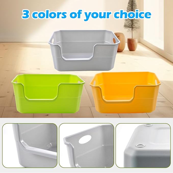 Large Open Cat Litter Box Low Entry,High Sided Cat Litter Pan Anti-Splashing Plastic Kitty Box Grey Kitten Pan with High Wall Easy Clean