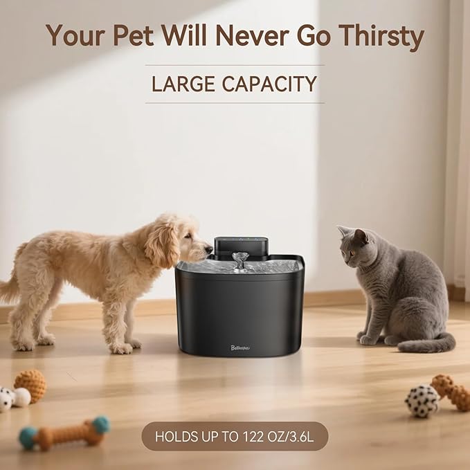 Cat Water Fountain, 122oz/3.6L Pumpless Wireless Cat Fountain, Cordless Water Fountains for Cats Indoor, Dog Pet Water Fountain Battery Operated with Stainless Steel Tray (Black, Fountain+2 Fliters)