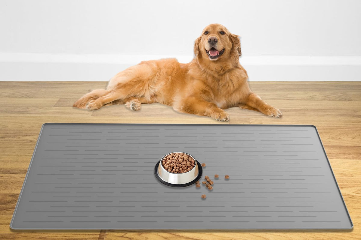 48" x 32" XXXL Largest Pet Food Mat, Silicone Dog Mats for Food and Water, Nonslip Pet Feeding Mats for Floors,Dog Cat Bowl Mat with Raised Edges, Light Gray