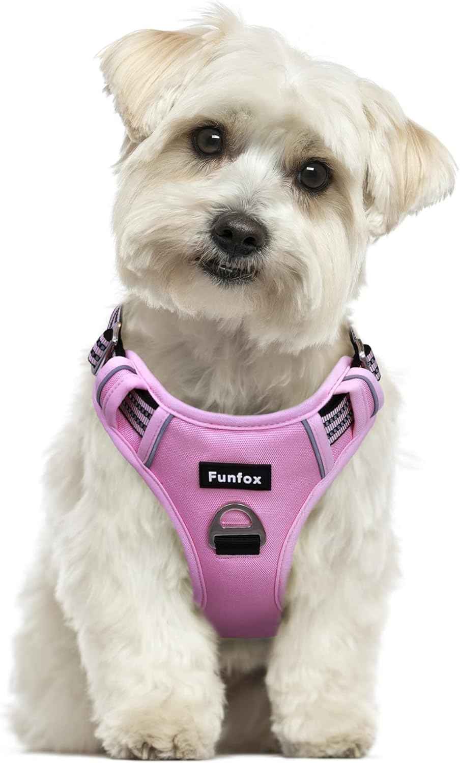 Funfox Dog Harness No Pull, Adjustable Pet Vest Harness, Super Soft Material with Vertical Handle Easy Control, Reflective Night Walking, 2 Leash Clips for Small Sized Dogs, Pink, S