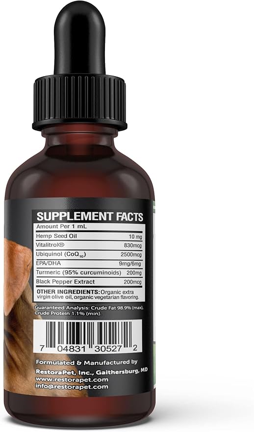 RestoraPet PM Formula Organic Wellness Oil Dogs and Cats 600mg Anti-Inflammatory Liquid Drops Promote Joint Pain Relief and Mobility with Organic Turmeric Curcumin CoQ10 – Bacon Flavor 2 oz.