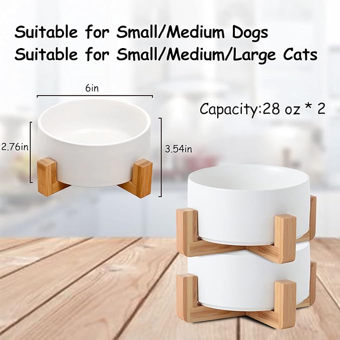 Petygooing Ceramic Dog Cat Bowl Set with Stand, Pet Dog Food and Water Dish,Medium Pet Bowls Anti Slip Set of 2 Cat Bowls-White Pet Food Bowl- Small Medium Size Pet (28 OZ /3.6 Cups)