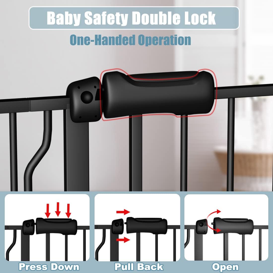Extra Wide Baby Gate Black 62-67 Inch Wide Pressure Mounted Auto Close Child Safety Gate Long Dog Gate for House Doorways