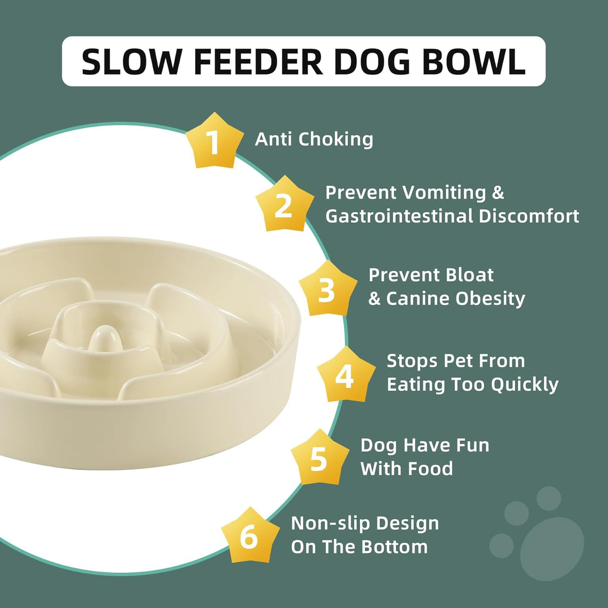 8.2inch Ceramic Slow Feeder Dog Bowl for Medium and Large Breed, Puzzle Dog Food Dish, Anti-Gulping, Pet Slow Feeder, Stop Bloat, Preventing Choking (Single Bowl-Beige)