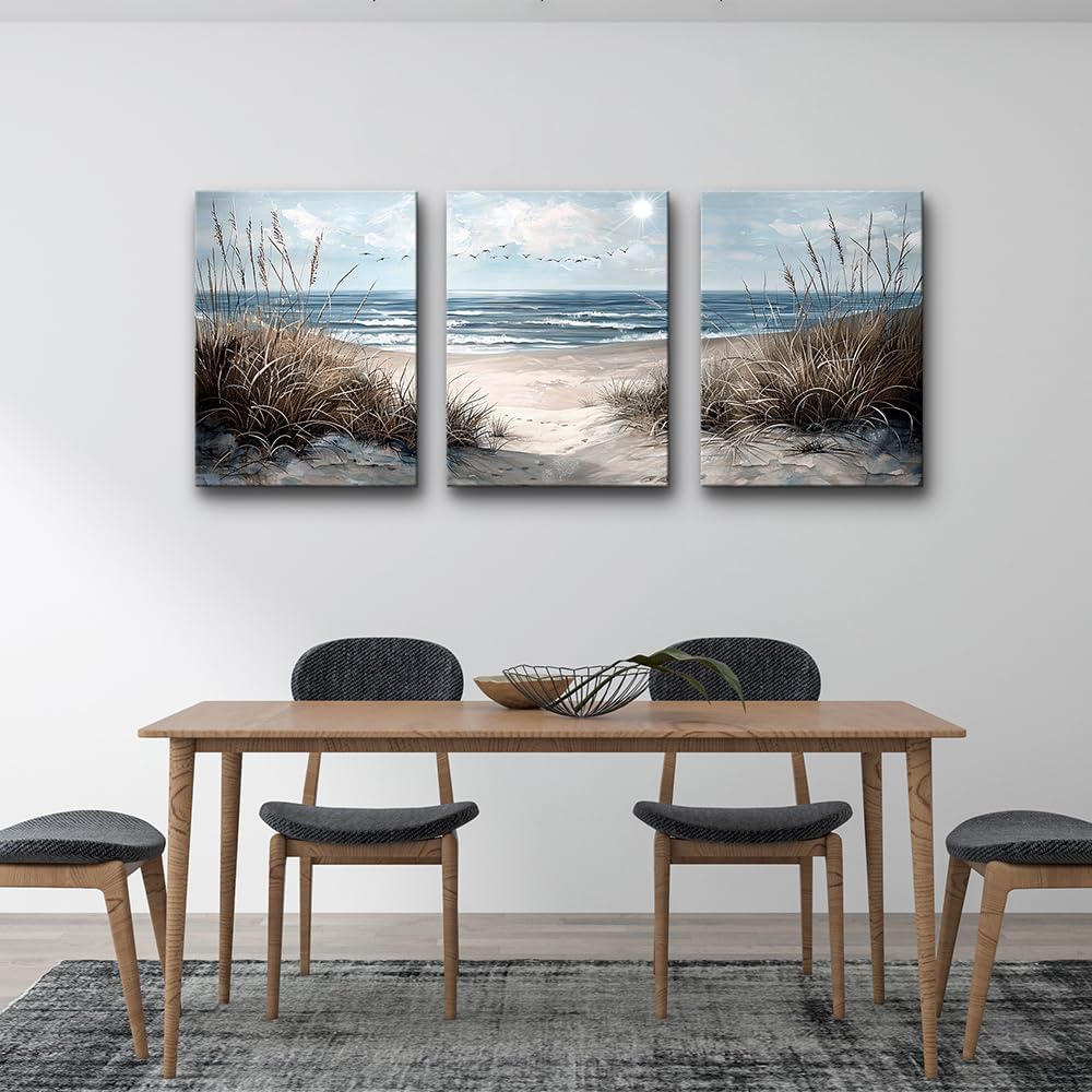 TTHYUEWS Canvas Wall Art For Living Room Wall Decor For Bedroom Modern Office Canvas Art Office Decor Blue Sea Beach Wall Paintings Prints Pictures Artwork Ready To Hang Home Decor 20" X 28"3 Piece