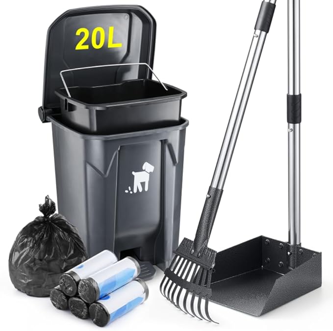 Dog Pooper Scooper, Dog Poop Trash Can Set with Removable Inner Bucket, Long Handle Rake, 150 Waste Bags, Easy Pick Up Poop Scooper, 20L Dog Poop Trash Bin for Small/Large Dog Families