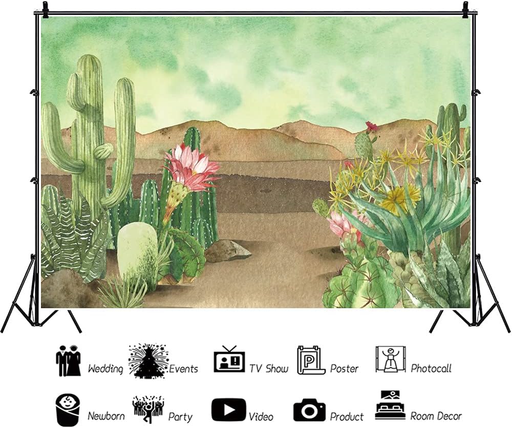 Renaiss 7x5ft Floral Cacti Backdrop Watercolor Aloes Cactus Flowers Desert Scenery Photography Background Botanical Mexican Fiesta Baby Shower Bridal Shower Birthday Party Decors Photo Studio Props
