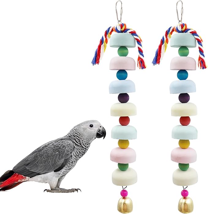 Mineral Chew Toy 2-Pack – Colorful Beaded Bird Toys with Bells | Beak Grinding & Foraging Enrichment for African Grey, Amazon Parrots, Budgies, Cockatiels, Conures
