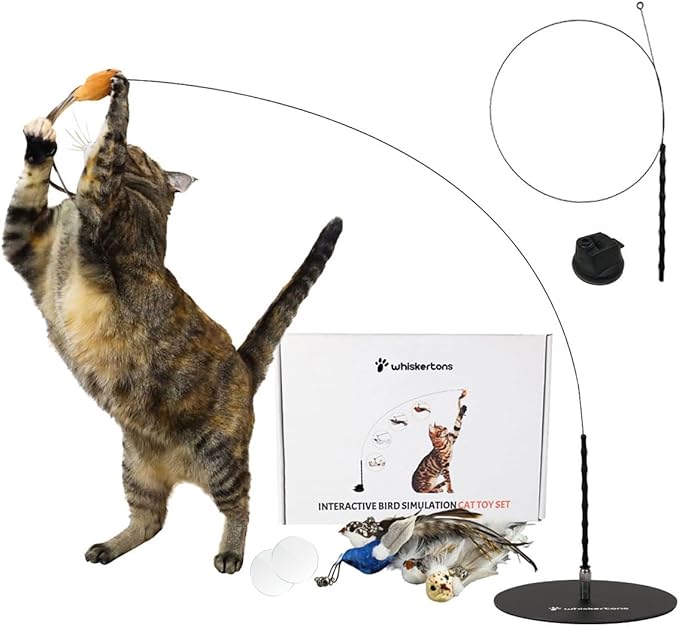 Whiskertons Interactive Bird Simulation Cat Toy Set, Interactive Cat Toys for Indoor Cats, Cat Feather Toy, Self-Holding Suction Base, 5 Replacement Birds, Feathers & Bells (Standard Hybrid Bundle)
