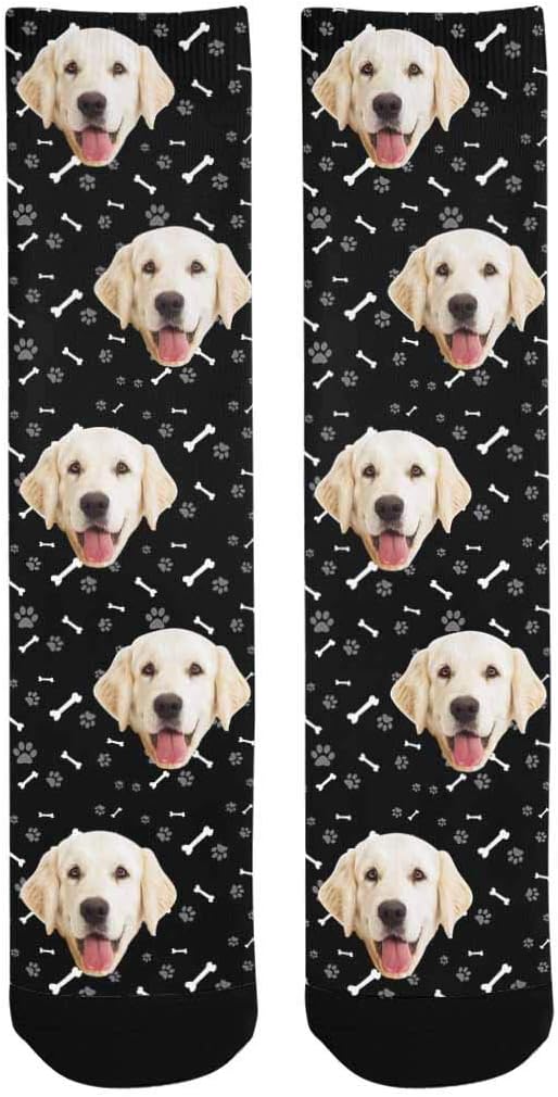 MyPupSocks Custom Personalized Photo Pet Face Socks, Cat and Dog Tracks Paws Bones Crew Socks with Picture for Men Women