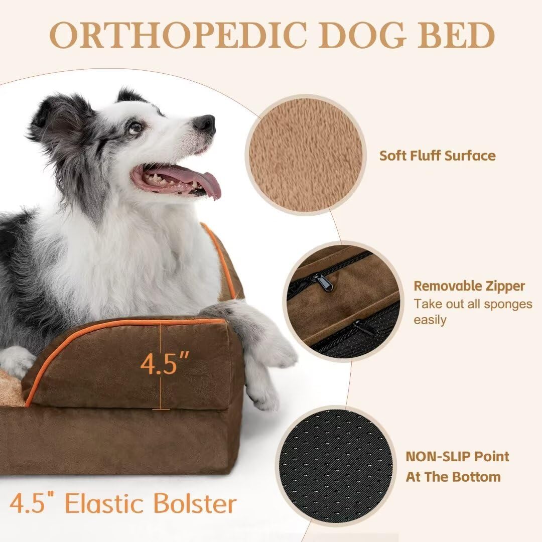 Comfort Expression Cooling Dog Beds Orthopedic, Waterproof Memory Foam Dog Bed for Large Dogs, Washable Dogs Beds with Removable Cover, Pet Sofa Couch with Bolster(Large,Khaki Brown)