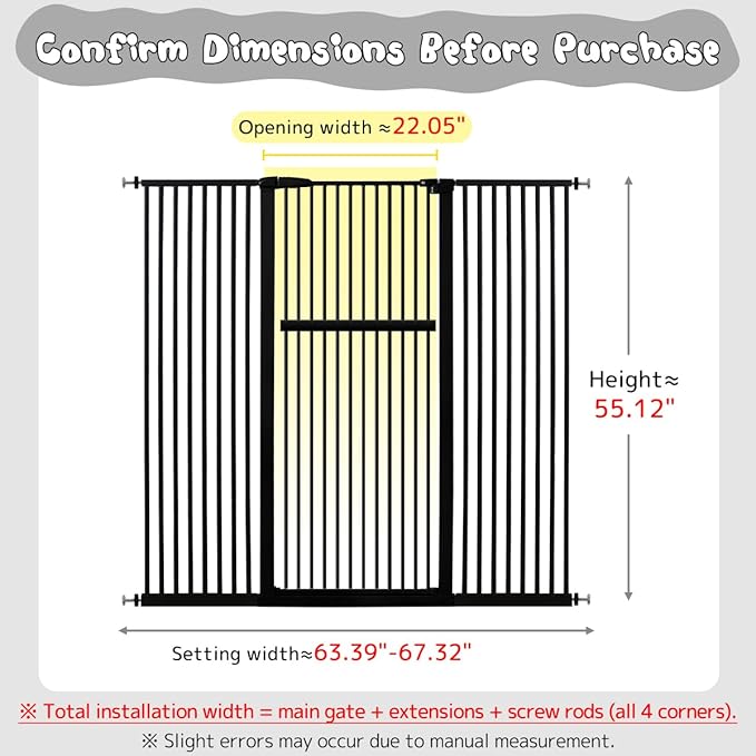 Lumizone Extra Tall Pet Gate 55.12" High Pressure Mounted 63.39"-67.90" Extra Wide (9 Sizes) 1.37" Gap for Cat Dog Stairs Doorway Hallway No Drilling Auto-Close (63.39"-67.90" W, Black)