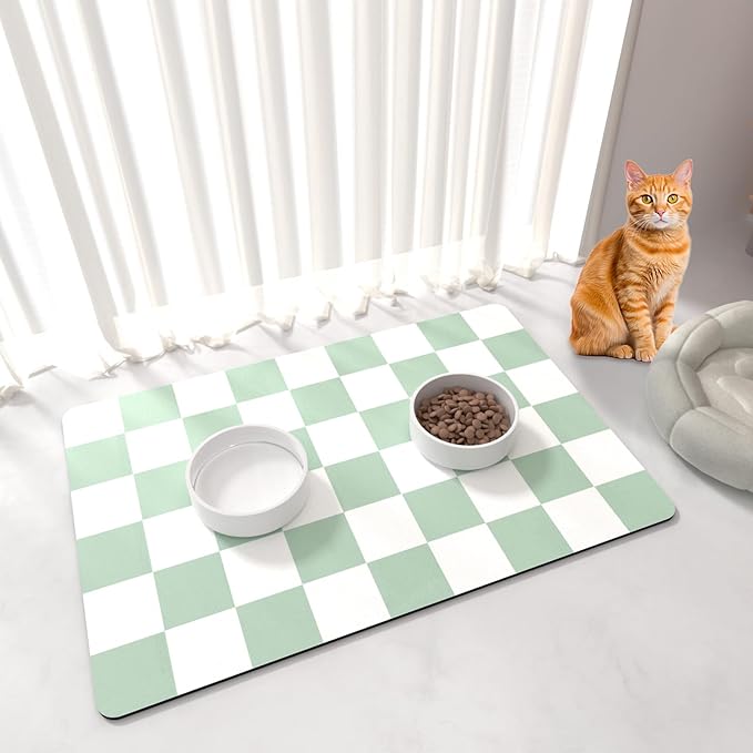Pet Feeding Mat, 16"x 24" Absorbent Dog Food Mat, Checkered Cat Bowl Mats, Easy to Clean Pet Placemats, Quick Dry Dog Water Dispenser Mats for Messy Drinkers, Green & White