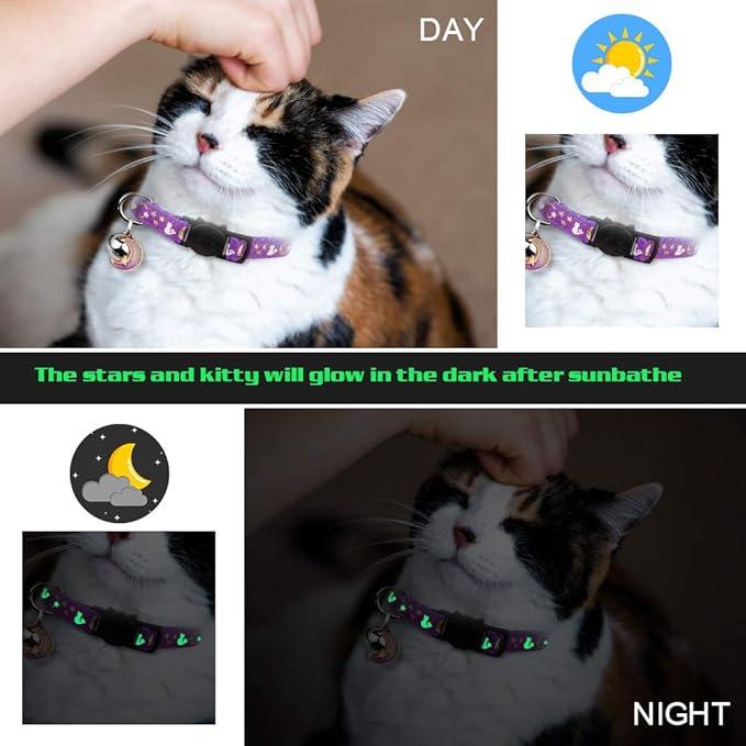 2PCS Breakaway Cat Collars with Bell Cute Kitty Glow in The Dark Adjustable Kitten Collars 7.9-13.0 Inch(Grey&Black)
