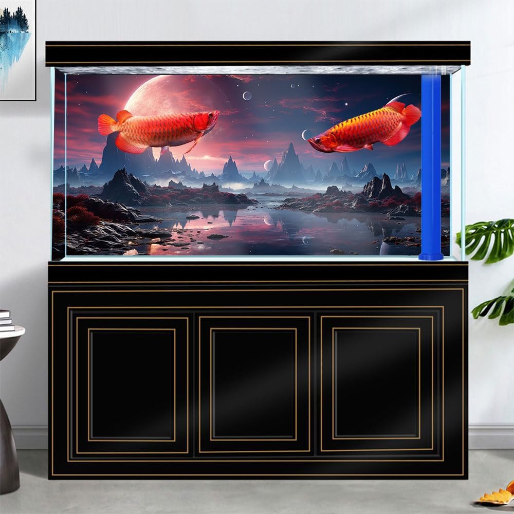 72X24IN Cosmic Spaceterrarium Background, Cool Parallel Space Themed Aquarium Reptile Habitat Background, Red Moon Aquarium Background with 10EVA Double-Sided Tape