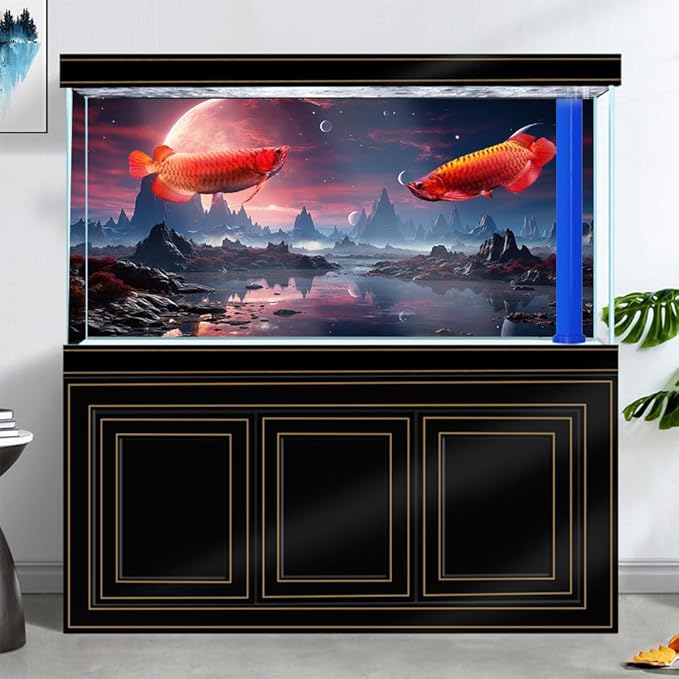 48X18IN Cosmic Spaceterrarium Background, Cool Parallel Space Themed Aquarium Reptile Habitat Background, Red Moon Aquarium Background with 10EVA Double-Sided Tape
