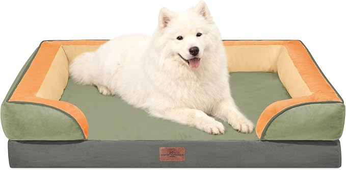 Comfort Expression Orthopedic Dog Bed for Large Dogs 36x27 Inch, Waterproof Egg Crate Foam Large Pet Bed with Removable Bolsters, Dog Couch with Washable Cover & Non-Slip Bottom, Avocado