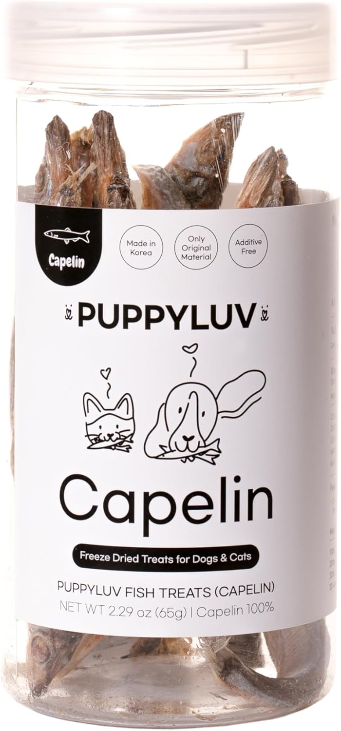 Puppyluv Treat - Freeze Dried Capelin Dog & Cat Treats, Rich Fish Oil with Omega 3 Fatty Acides to Support Skin and Coat, Whole Fish, Grain Free, 2.3oz