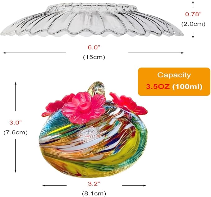 Small Glass Hummingbird Feeders for Outdoors Hanging - 4PC x Multi Color Hand Blown Glass Ball Nectar Feeding + Rain Cover, 3 Flowers Feeding Ports, Decor for Garden/Backyard Outside