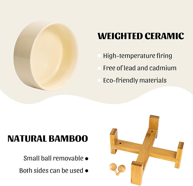 SPUNKYJUNKY 15° Slanted Ceramic Dog and Cat Bowl with Wooden Stand, Tilted Bulldog Food and Water Bowl No Slip Non-Spill for Cats Medium Dogs Big Face Pets 28.7 OZ (3.6 Cups, Beige)
