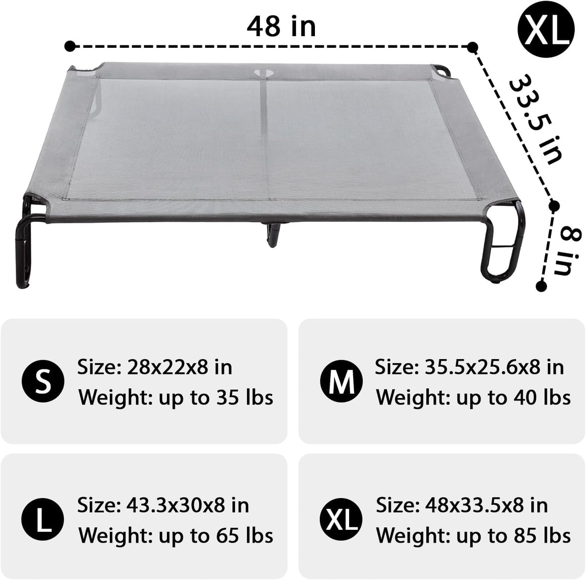 pettycare Elevated Outdoor Dog Bed - Dog Cots beds for Large Dogs XL, Waterproof Raised Dog Bed Easy to Assemble, Cooling Elevated Dog Bed with Teslin Mesh, Durable, Non Slip, Up to 85 lbs,Grey
