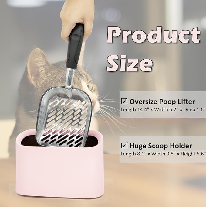 Full Metal Cat Litter Scoop with Holder – Heavy Duty Litter Scooper & Speed Sifter – Aluminum Cat Poop Scooper Captures All Clumps – Washable Stand for Easy Cleaning
