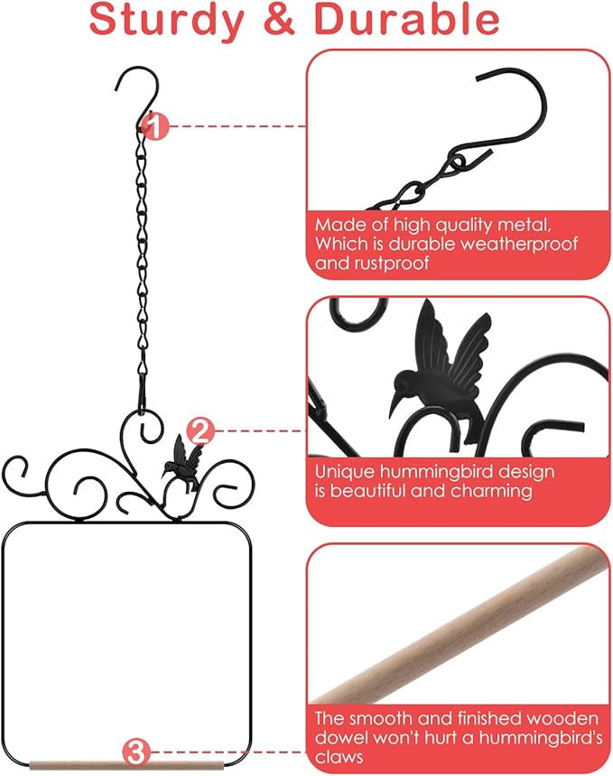 PACETAP Hummingbird Swings and Perches Metal Frame 2 Pack, Wild Bird Swing Outdoor Bird Perch with Wooden Dowel and 2 Hanging Chain for Hanging Indoor, Outdoor, Trunk, Lawn, Patio, Garden (Black)