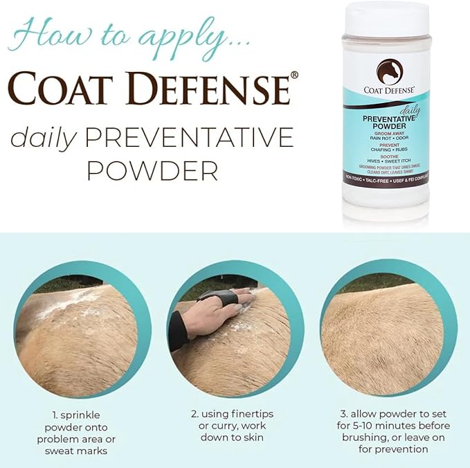 COAT DEFENSE Daily Preventative Powder for Horses - Safe & Effective Equine Skin Conditioner Sweet Itch, Skin Funk, & Rain Rot - Dry Horse Shampoo, 16 oz Formula with All Natural Ingredients