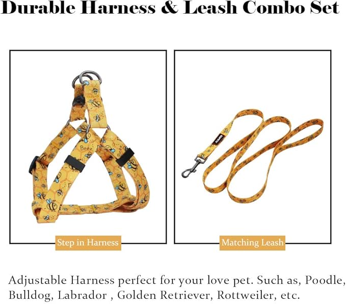 QQPETS Dog Harness Leash Set Adjustable Heavy Duty No Pull Halter Harnesses for Small Medium Large Breed Dogs Back Clip Anti-Twist Perfect for Walking (S(14"-20" Chest Girth), Yellow Bee)