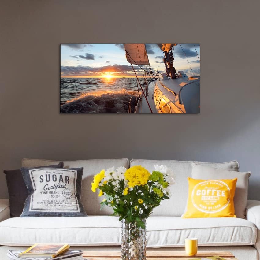 Yacht Sailing in Sea at Sunset Scenery Canvas Wall Art for Living Room Bathroom,Close-up View of Deck Mast Sails Picture Print Artwork Painting Decor,Epic Seascape Scenic Landscape,Inner Frame 20x40