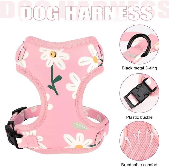 Beirui Cute Girl Dog Collars, Harnesses & Leashes Set - Adjustable Dog Collar and Leash Set with Flower - Soft Mesh Dog Vest Harness for Puppies Small & Extra Small Dogs Cats (Pink-1,XXS)