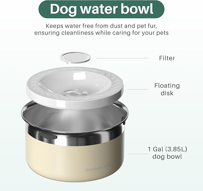 Gardner Pet Dog Bowls 1 Gallon (3.85L) Stainless Steel No Spill Water Bowl, Slow Water Feeder Metal Dog Bowls, Spill Proof Water Dispenser for Large Dogs, Promotes Healthy Hydration(White)