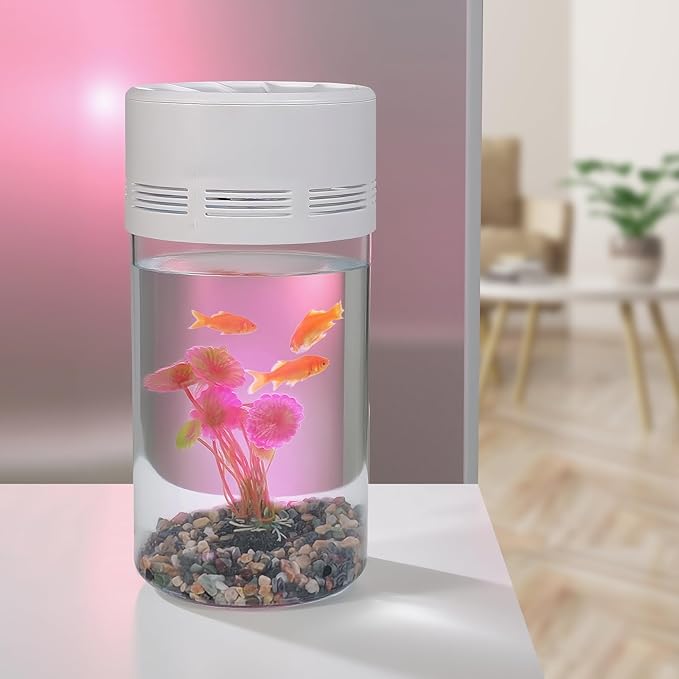Ecological Fish Tank with LED Attraction Light - Aquarium Starter Kit Includes Decorative Aquatic Plants & Sand - Desktop Small Plastic Transparent Fish Bowl Suitable for Living Room, Bedroom, Office