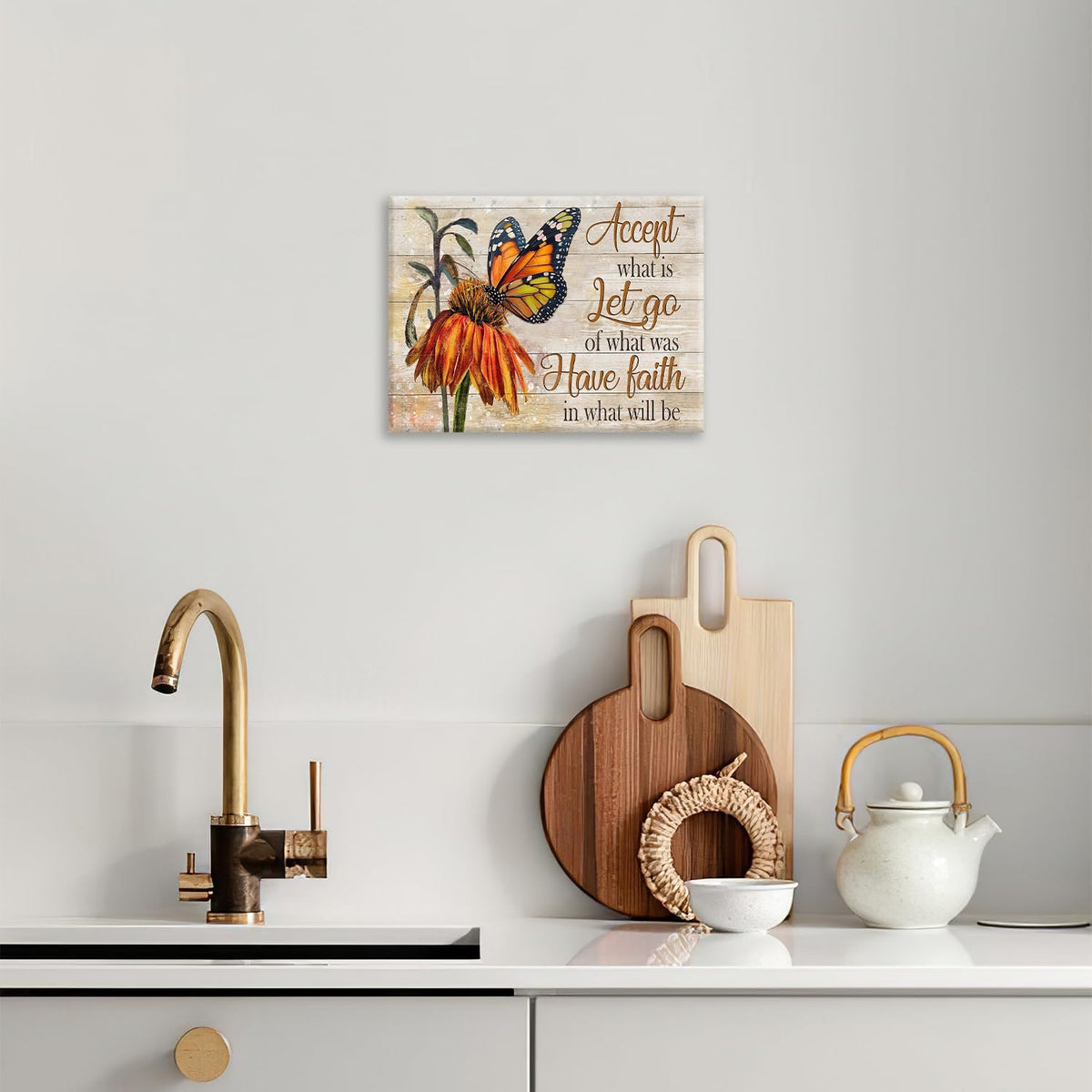 Farmhouse Butterfly Bathroom Pictures Wall Art, Rustic Floral Country Bathroom Wall Decor, Daisy Inspirational Framed Painting Canvas Artwork for Bedroom Living Room Decorations 16"L x 12"W