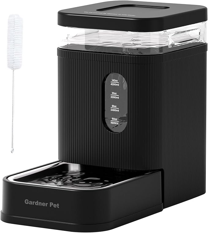 Gardner Pet Automatic Dog Water Dispenser Gravity Waterer with Stainless Steel Bowl Water Dispenser 6.5L Large Capacity Water Feeder with Filters for Dogs Cats Pets, BPA-Free Noise-Free (Black, 6.5L)