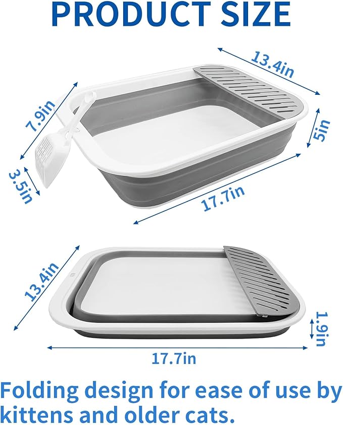 BNOSDM Collapsible Small Cat Litter Box for Kittens Open Potty Pan Foldable Cat Toilet with Scoop Senior Kitty Travel Shallow Litters Boxes Anti-Splash Waterproof Grey 17.7"×13.4"