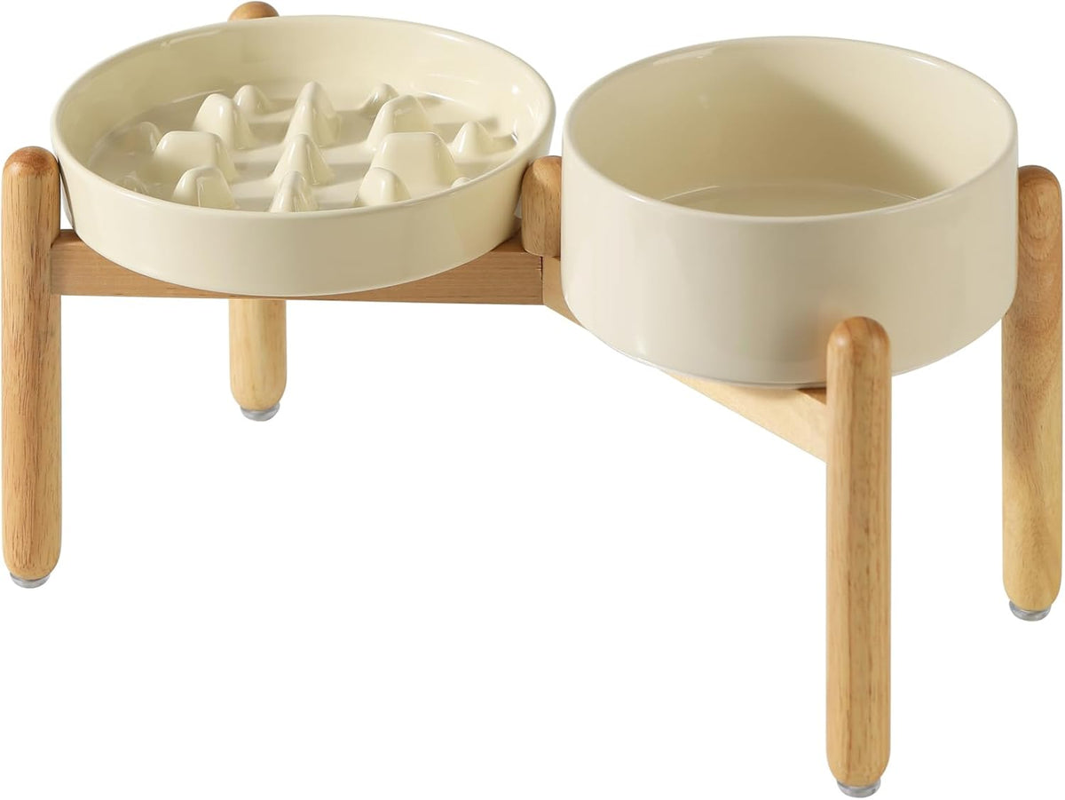 Ceramic Raised Slow Feeder Dog Bowl Set, Elevated 7.3inch Bowl and 8.2inch Slow Pet Food Dish with Wooden Stand for Medium and Large Dog (2 x Beige+ Stand)