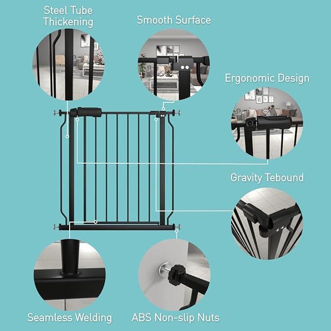 WAOWAO Baby Gate 71.65-76.38" Extra Wide Pressure Mounted Walk Through Swing Auto Close Safety Black Metal Toddler Kids Child Dog Pet Puppy for Stairs,Doorways,Kitchen