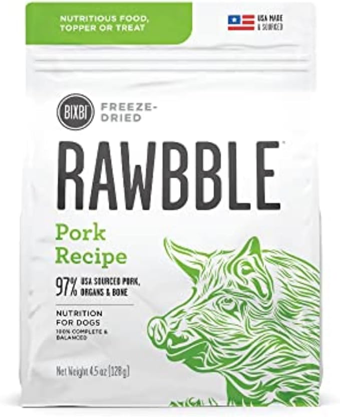 BIXBI Rawbble Freeze Dried Dog Food, Pork Recipe, 4.5 oz - 97% Meat and Organs, No Fillers - Pantry-Friendly Raw Dog Food for Meal, Treat or Food Topper - USA Made in Small Batches