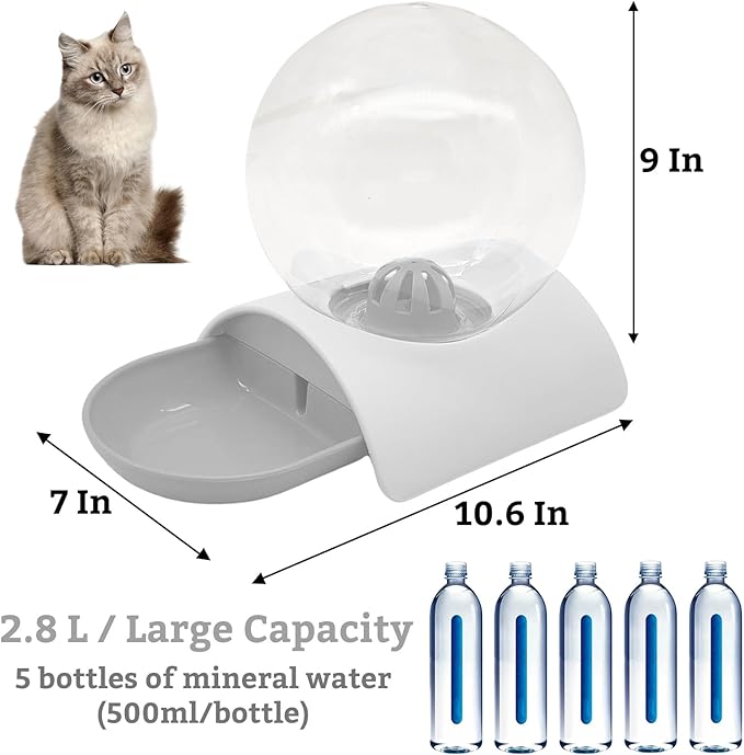 Hamiledyi Automatic Water Dispenser for Dogs and Cats Pet Water Dispenser 2.8 Liter Pet Gravity Water Station Spill-Proof Spherical Waterer Pets Water Bottle for Puppies Kittens Rabbits (Grey)