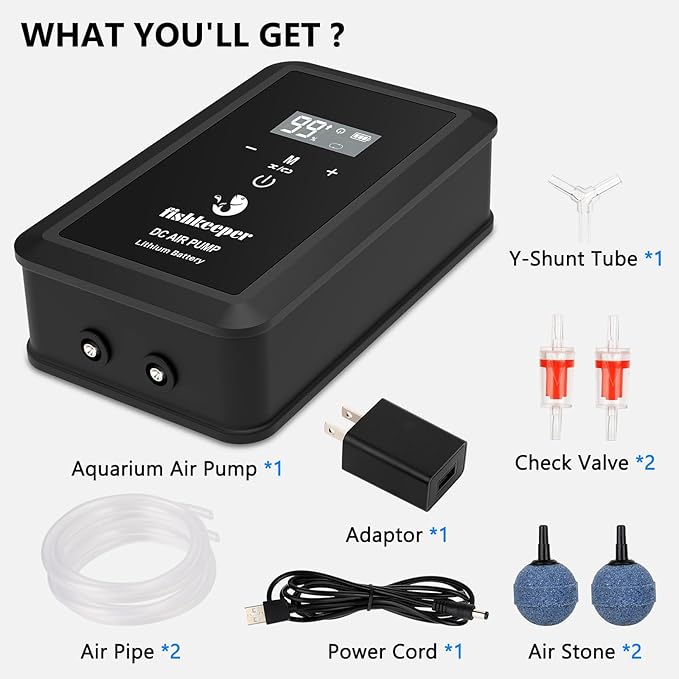 fishkeeper Rechargeable Aquarium Air Pump, 8W 130GPH Ultra Quiet Fish Tank Air Pump for 10-120 Gallon Tanks Adjustable Oxygen Aerator Pump for Outdoor-Fishing, Power Outages and Emergency