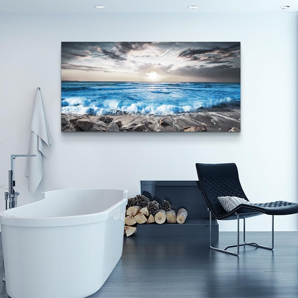 Lapremoly Large Wall Decoration For Living Room Framed Canvas Wall Art For Bedroom Office Wall Decor Black And White Beach Wall Painting Blue Sea Wave Pictures Artwork Modern Hotel Room Home Decor
