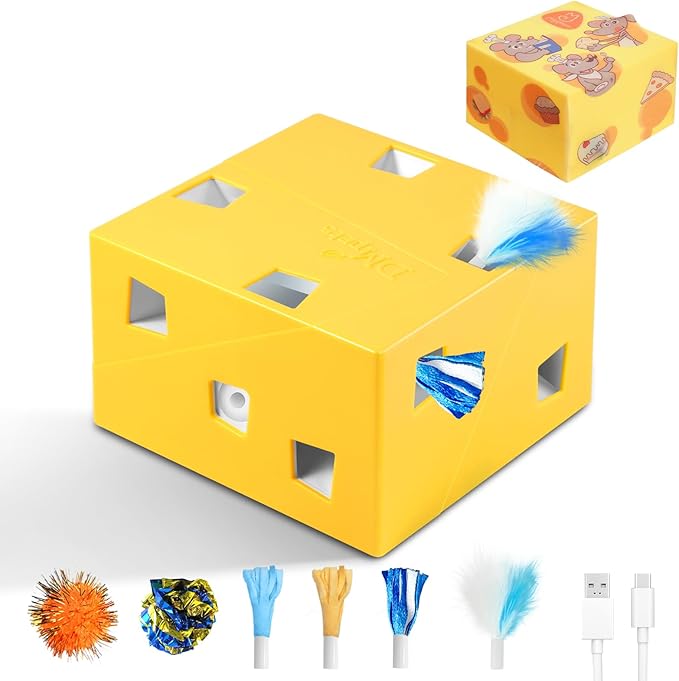 Migipaws MigiBox Cat Toy with PopSkin, Interactive Kitten Toy for Indoor Cats, Automatic Pop Out Feathers from 12 Holes Randomly, Pounce Mystery Under Cover to Stimulate Bored Furry, Rechargable
